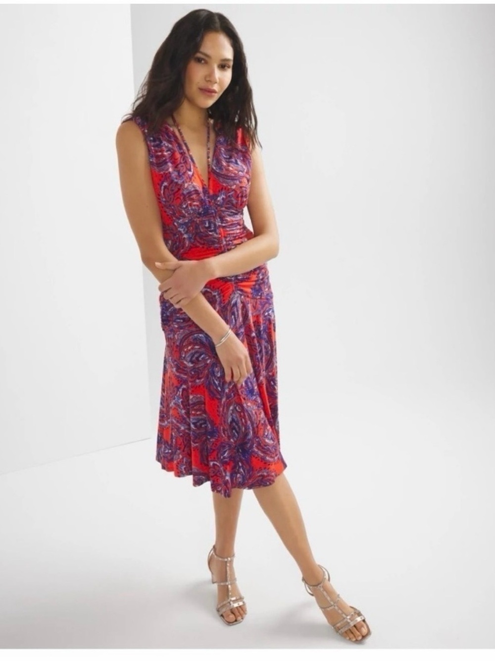 White House Black Market Red Paisley Ruched Halter Dress - size 12